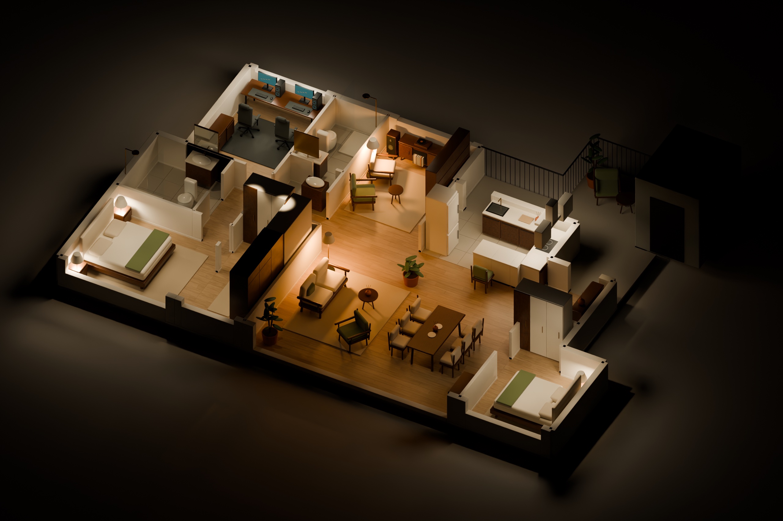 原 Blender 全屋轴测夜景渲染
